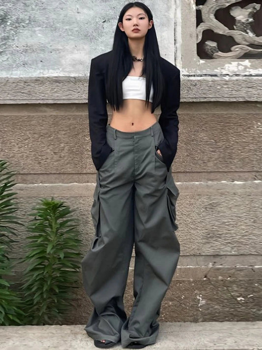 Y2k Pockets Cargo Pants Harajuku Low Rise Baggy Straight Pants Loose American Retro Trousers Aesthetic