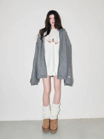 Glitter Zip Up Hoodies Long Sleeve Sweatshirt With Zipper Oversized Y2k Aesthetic Clubwear Kpop Clothes