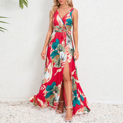 Summer Flower Print Sleeveless Long Dresses V-neck Slim Leace-up Slit Dress Female Commuting Vacation Vestido