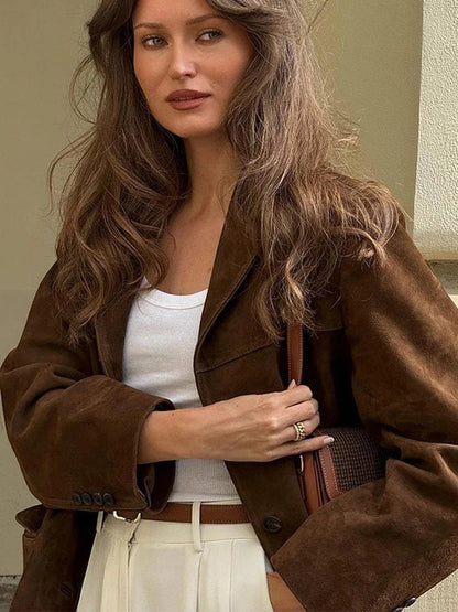 Brown Cropped Lapel Jacket Single Breasted Long Sleeve Loose Coat New Winter Female