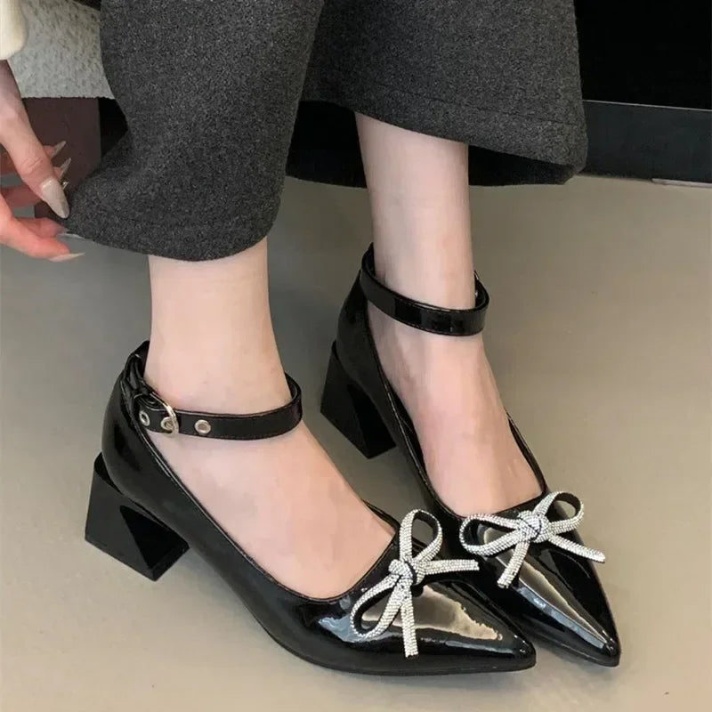 New Rhinestone Bow Decorated High Heels Black Slingback Buckle Design Covered Heel Pointed Toe Mary Jane Shoes