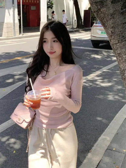 French Beige Vneck Holiday Cotton Sweater Autumn Pink Long Sleeve Knitted Pullover Tops Clothing