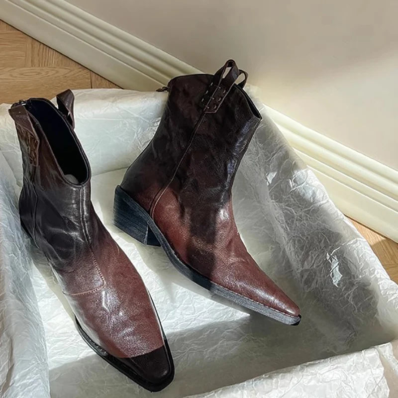 New Pointed Toe Back Zipper Ankle Boots Thick High Heels Shoes Boots Cowboy Western Boots Botas De Mujer