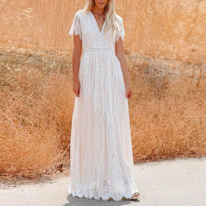 Jacquard Embroidery Lace Party Dress Spring Vneck High Waist Long Dress Summer Short Sleeve Loose Maxi Dress