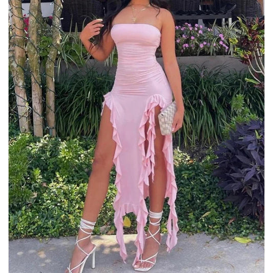 Fold Hem Slit Strapless Mini Dress