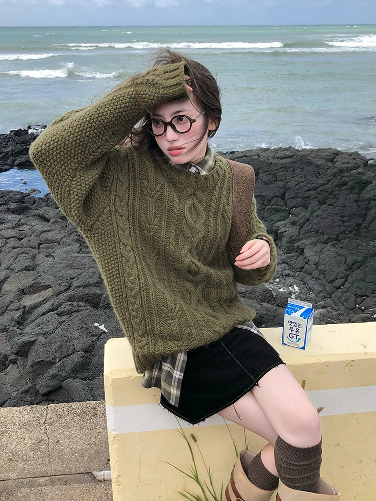 Green Knitwear Pullovers Long Sleeve Oversized Sweater Fairy Grunge Autumn Winter Thick Warm Clothes