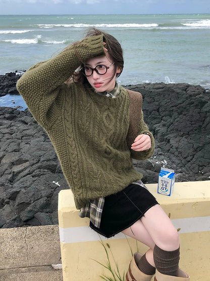 Green Knitwear Pullovers Long Sleeve Oversized Sweater Fairy Grunge Autumn Winter Thick Warm Clothes