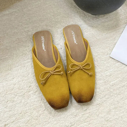 Mixed Color Bow Satin Square Toe Flat Slippers Comfortable Shallow Mule Shoes Zapatillas De Mujer