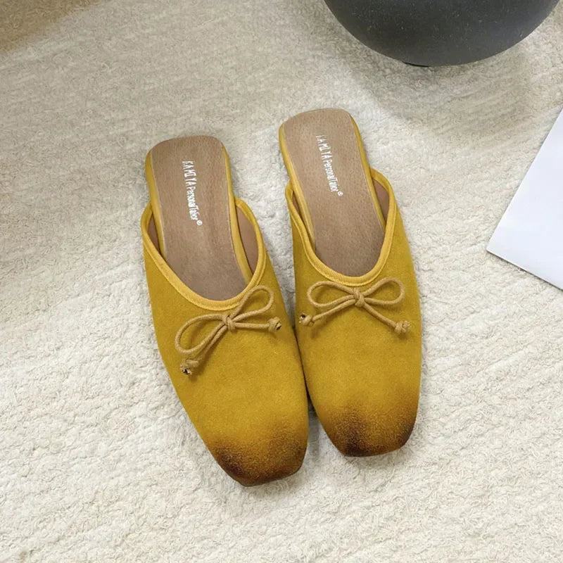 Mixed Color Bow Satin Square Toe Flat Slippers Comfortable Shallow Mule Shoes Zapatillas De Mujer
