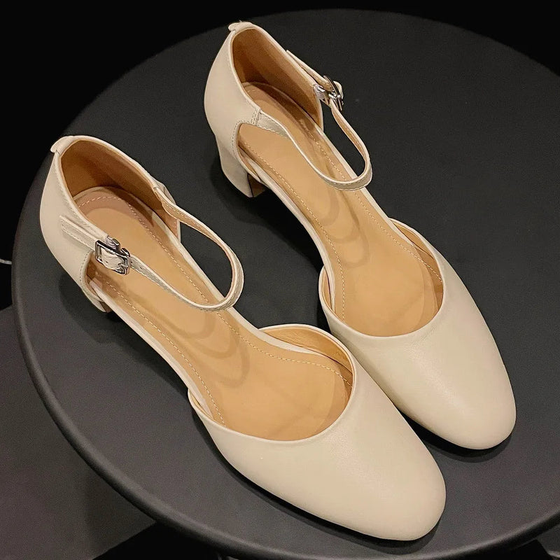 Genuine Leather 4.5cm Thick Med Heel Round Toe Ankle Strap Sandals Soft Comfortable Summer Shoes