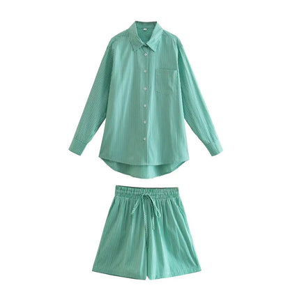 Drawstring Short Pants Sets New Summer Long Sleeve Pocket Irregular Blouse+shorts Outfits Two-piece Set