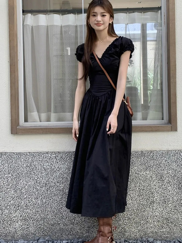Midi Dresses for Korean V-neck Backless High Waist Puff Sleeve A-line Party Dress Summer Vestidos Mujer