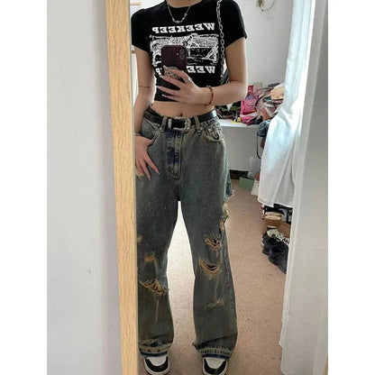 Baggy Woman's Ripped Jeans Y2k Hip Hop Oversize Denim Pants America High Street Retro Grunge Trousers Korean Style