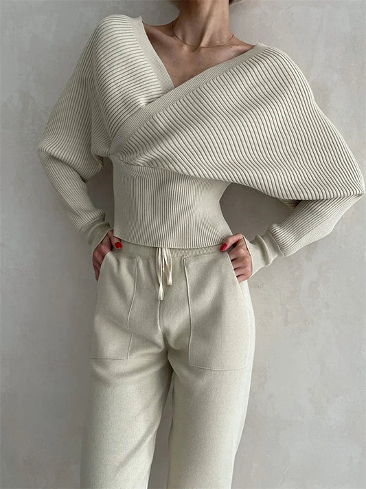 Knit Vneck Pullover 2 Pieceset for Patchwork Sweater and High Waist Drawstring Pants Sets Outfits