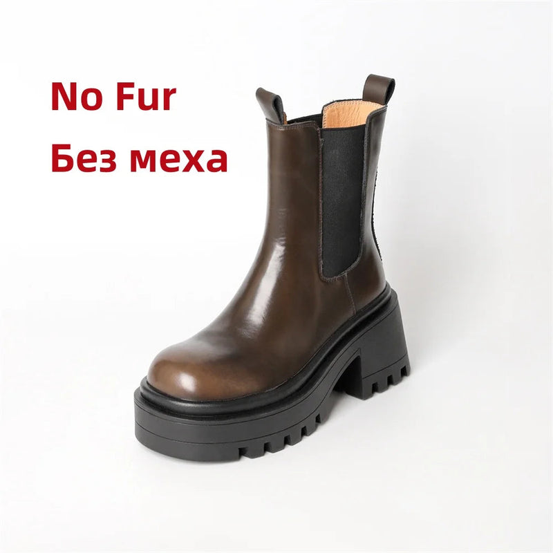 Platforms Ankle Boots Genuine Leather Thick Sole Ankle Female Punk Motorcycle Shoes Combat Booties