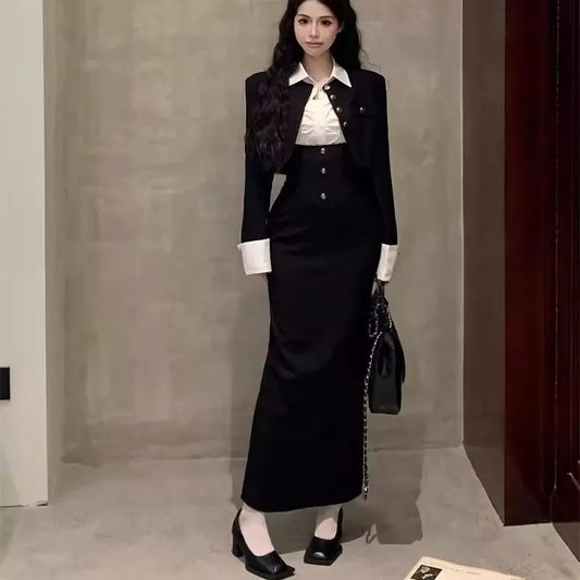 Y2k 3-piece Set Crop Coat Blazer White Shirt Halter Sleeveless Bodycon Midi Dress Autumn New Female Korean Outfits