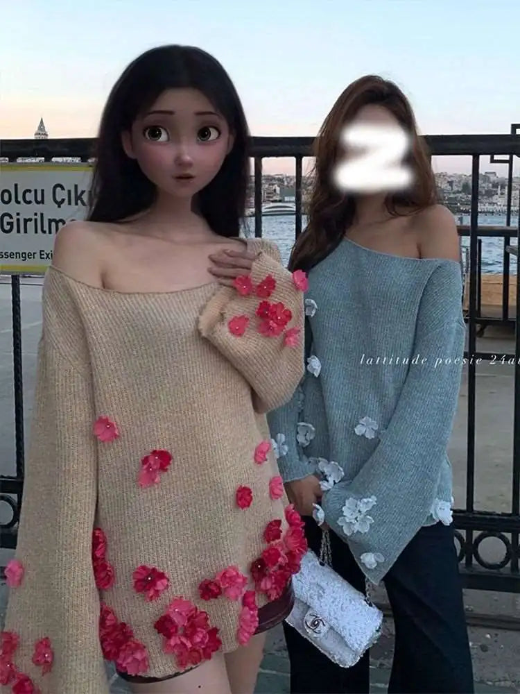 Autumn Winter New Temperament Celebrity Handmade Bead Flower Horn Sleeve Flowers Pastoral One Neck Knitted Sweater