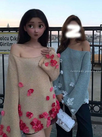 Autumn Winter New Temperament Celebrity Handmade Bead Flower Horn Sleeve Flowers Pastoral One Neck Knitted Sweater