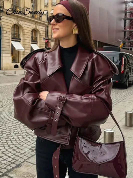 Leather Short Leather Jacket With Belt Lapel Long Sleeved Cropped Coat New Lady Street Party New Outwears _