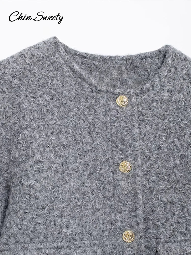 Woolen Blends Coat for O-neck Metal Button Gray Long Sleeve Pockets Jackets Autumn Lady High Street Outwear