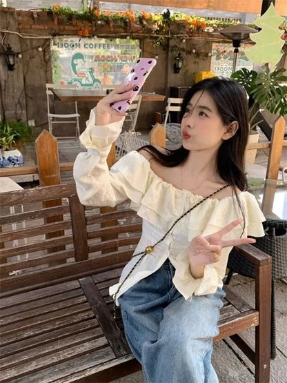 Slash Neck Ruffles Shirts Y2k Egirl Slim Waist Single Breasted Blouses Summer New Long Sleeve Blusas Mujer