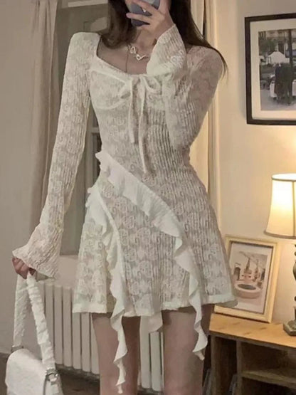 Autumn French Y2k Mini Dress Woman Flare Sleeve Ruffles Laceup Slim Aline One Piece Party Robe Korean