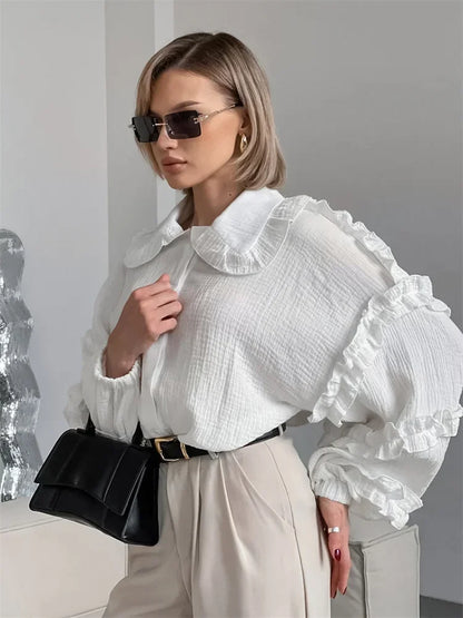 Ruffled White Loose Shirts for Long Sleeve Autumn Outwear Female Shirts Coat Summer New