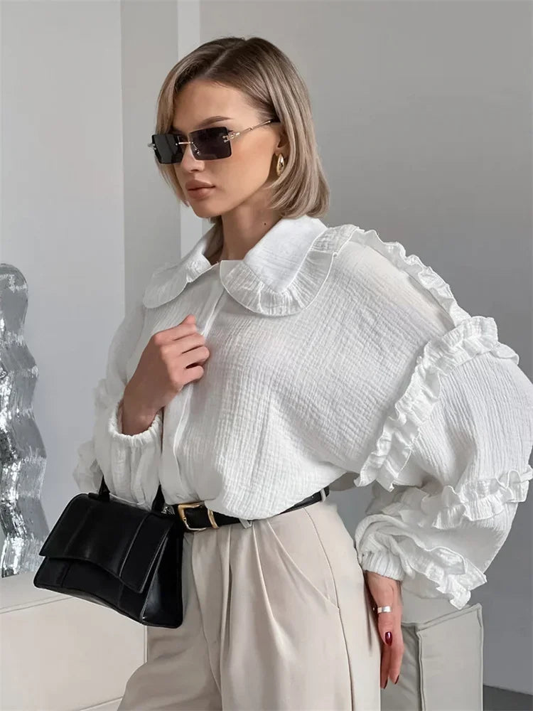 Ruffled White Loose Shirts for Long Sleeve Autumn Outwear Female Shirts Coat Summer New