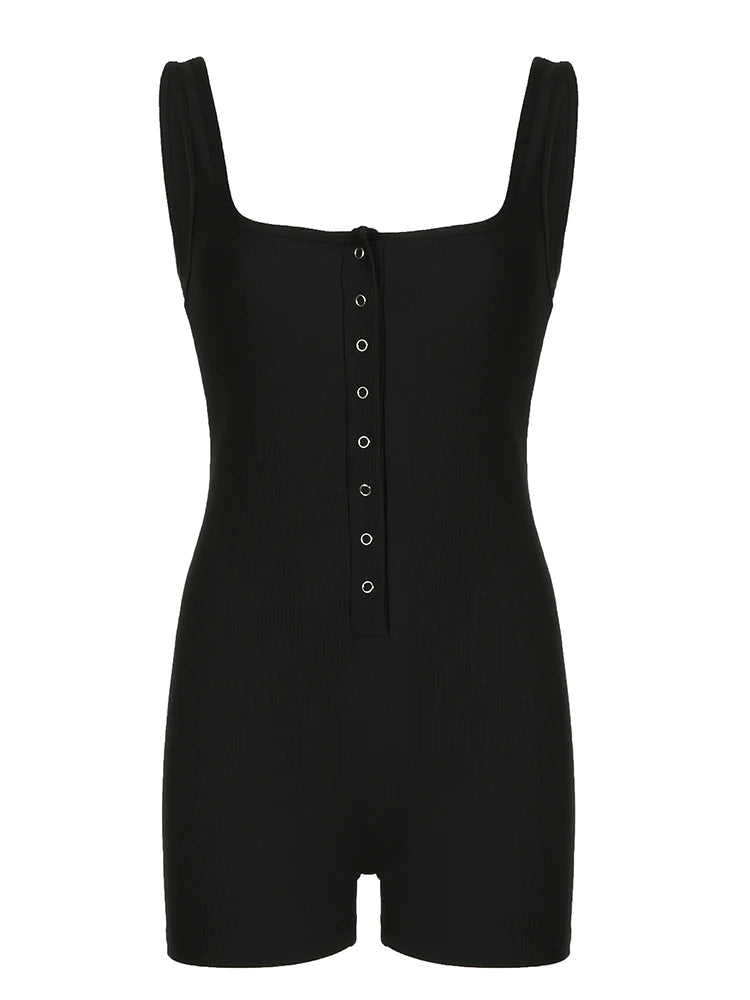 Black Ribbed Sleeveless Square Collar Skinny Rompers Buttons Details Basic Tank Bodys Playsuits