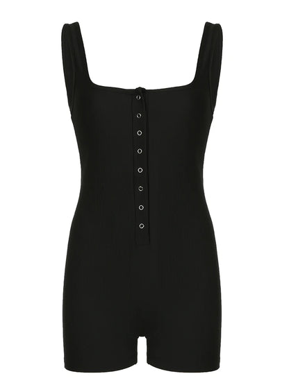 Black Ribbed Sleeveless Square Collar Skinny Rompers Buttons Details Basic Tank Bodys Playsuits