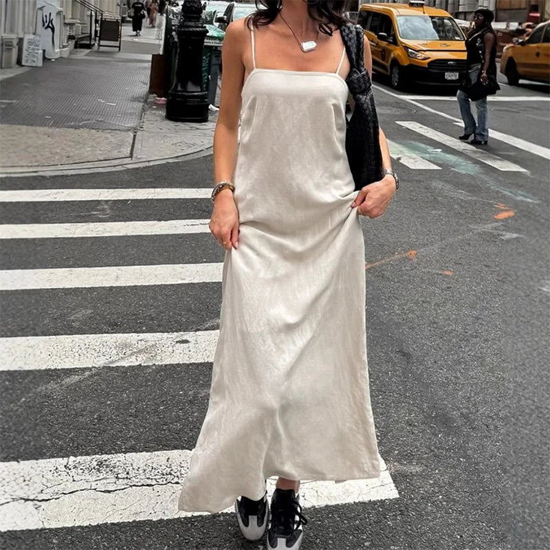 Slip Dress Summer Cotton Lined Loose Dresses Sleeveless Thin Straps White Long Dresses Backless Beach Holiday Dresses