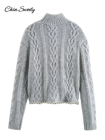Beading Twist Pullover Knit Gray Long Sleeve High Collar Sweater Lady High Street Lady All-matching Knitwear