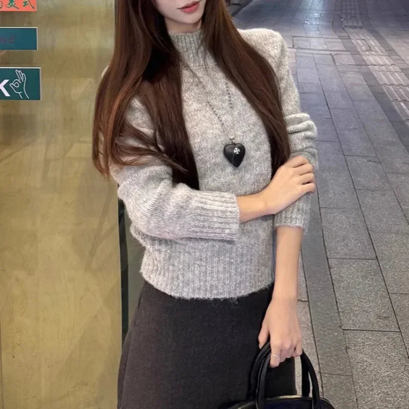 Half High Neck All Match Long Sleeve Sweater Spring New Contrast Color Digital Embroidery Tops