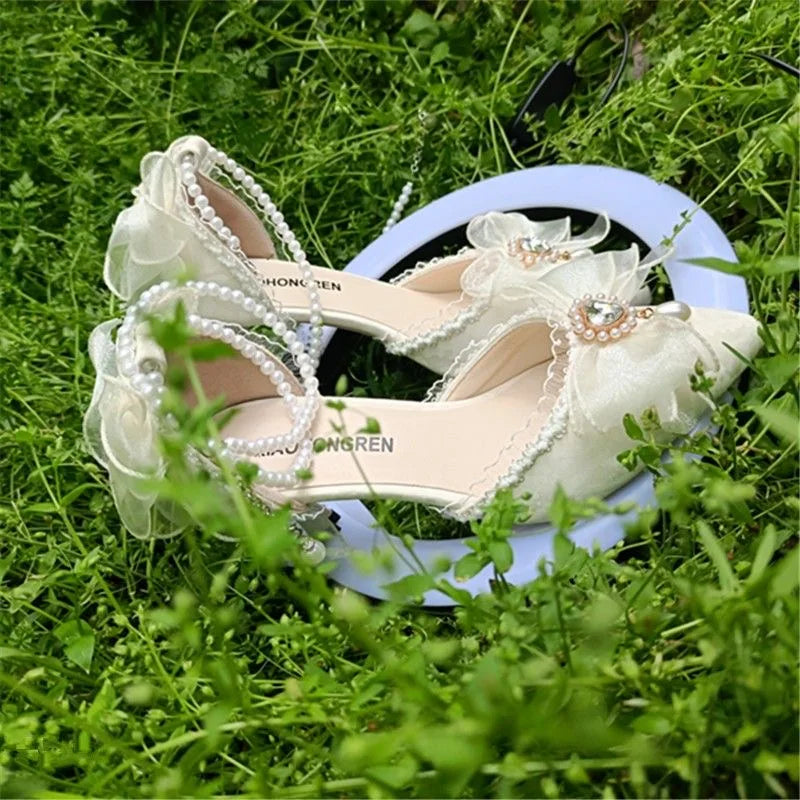 Woman Heels Lolita Y2k Mary Jane Shoes Black Heart Pearl Designer Shoes Sandals for Party and Weddings Evening