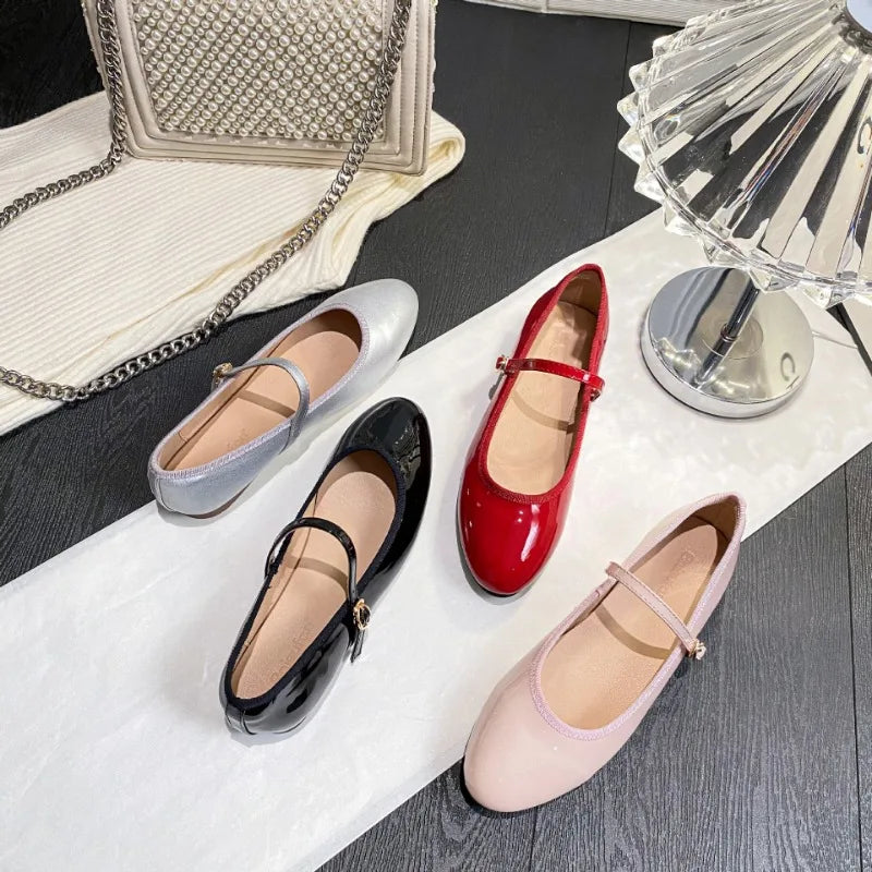 Shiny Pu Leaather Flats Mary Janes Shoes Red Basic Pointed Toe Loafers Spring Autumn Daily Black Shoes New
