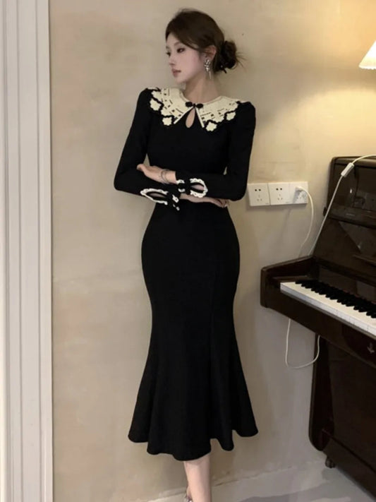 Black Mermaid Dresses French Lace Patchwork Bodycon Evening Party Midi Dress New Vestidos Female Clothes