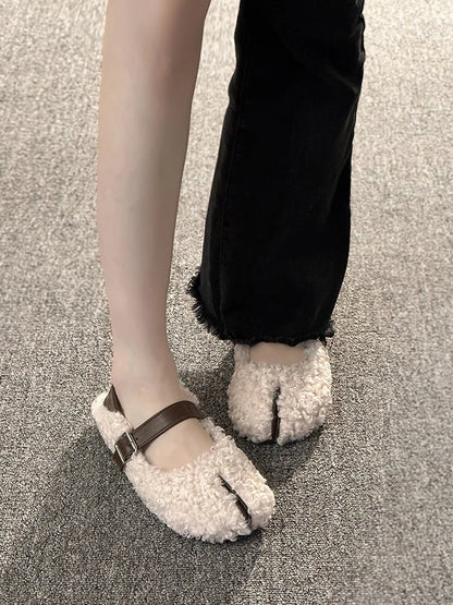 Shoes Woman Flats Loafers Fur Round Toe Autumn Female Sneakers Dress Moccasin Fall Winter Leisure Buckle Strap Flock Rubb