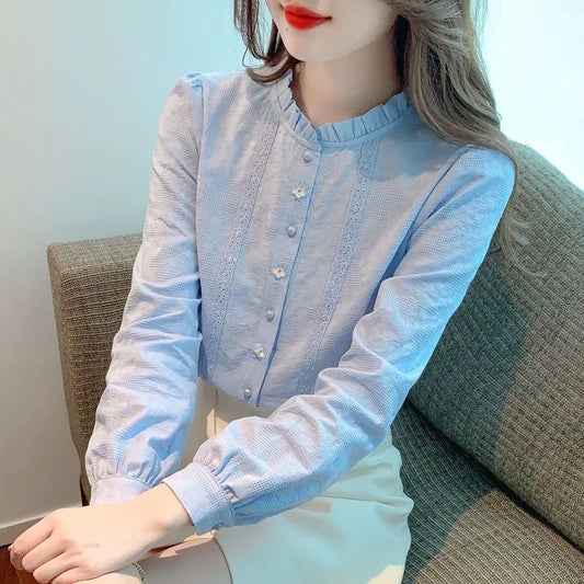 Embroidery Spring Autumn Blouses Shirts Lady Long Sleeve Stand Collar Color Blusas Tops Df4774