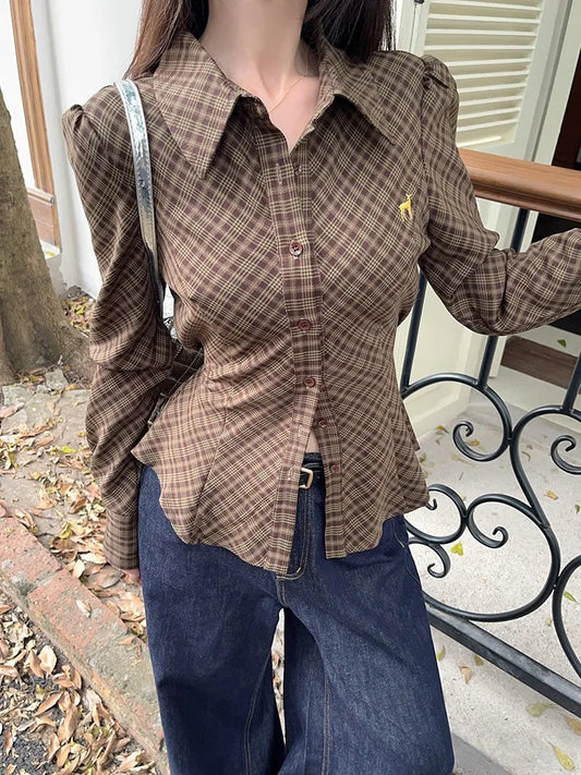 Plaid Shirt Brown Embroidered Waistband Tied Blouse Puff Sleeve Tops Spring Slim Button Up Clothes