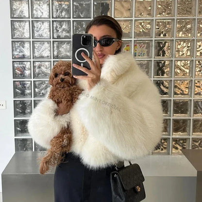 Brand Iconic Kendall Jenner Snow White Fox Fur Jacket Winter Fluffy Warm Faux Fur Coat