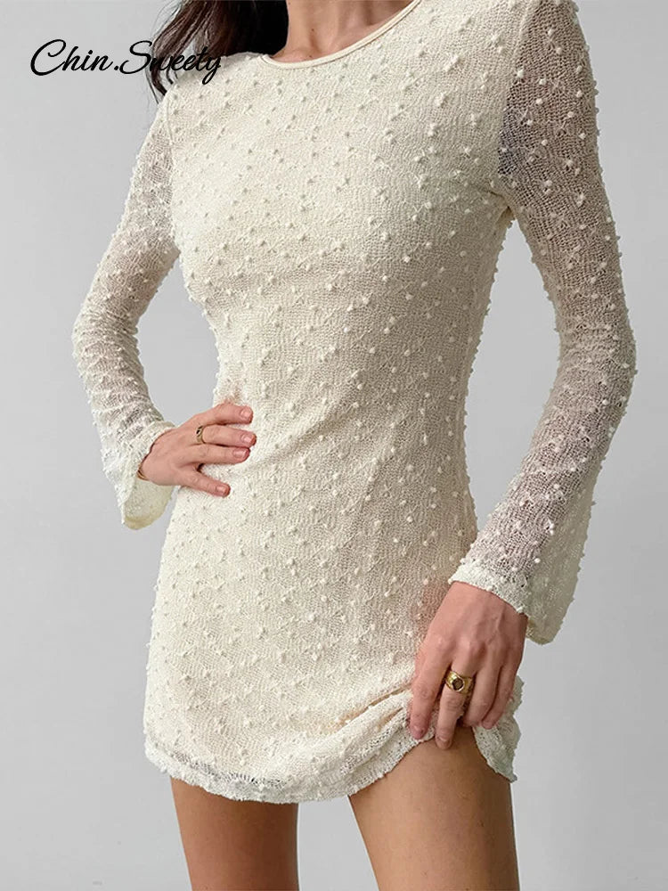 Backless Jacquard Mini Dress Flare Long Sleeve Lace Up O-neck Party Dresses Lady Slim Evening Beach Gowns New