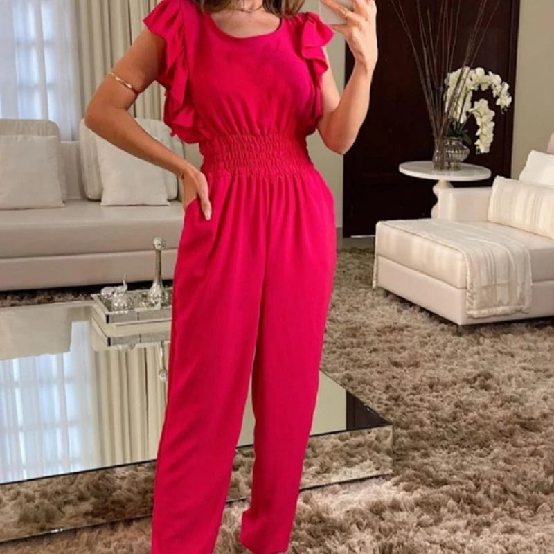 New Commute Ruffles Pencil Pant Playsuits O Neck Color High Street Jumpsuit Short Sleeve High Waist Romper