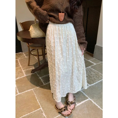 Korean High Waist Color Midlength Skirt Spring New All Match 3d Jacquard Loose Aline Skirt