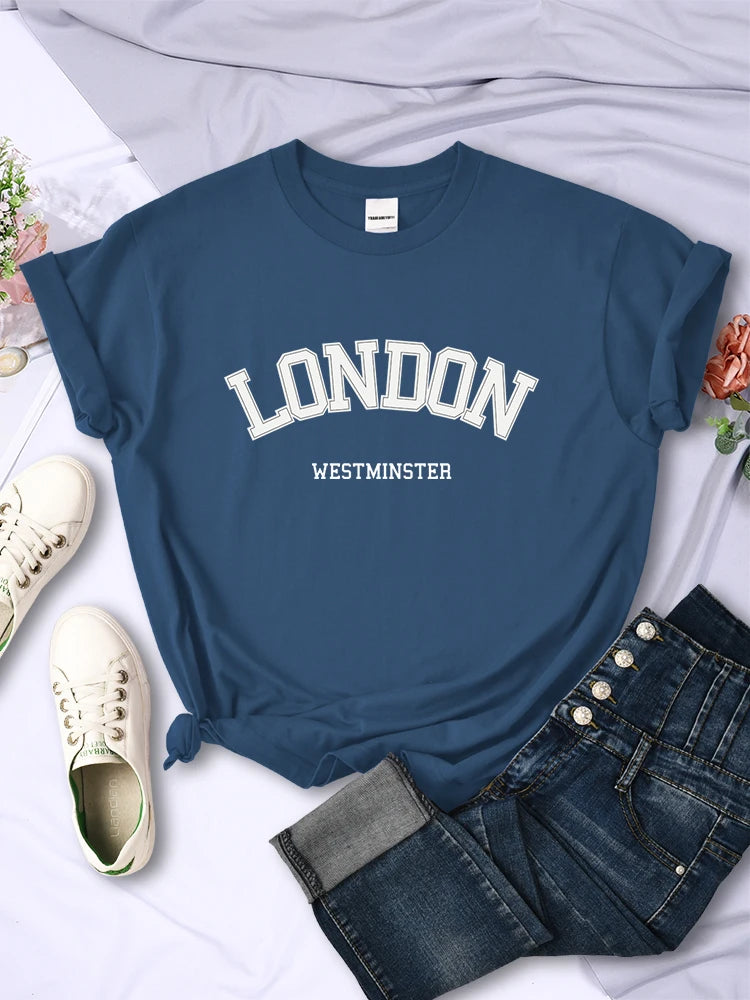 London Westminster Street Letter Tshirt Summer Breathable Crop Top Sport Tee Clothes Sweat Cool Soft T-shirt Female