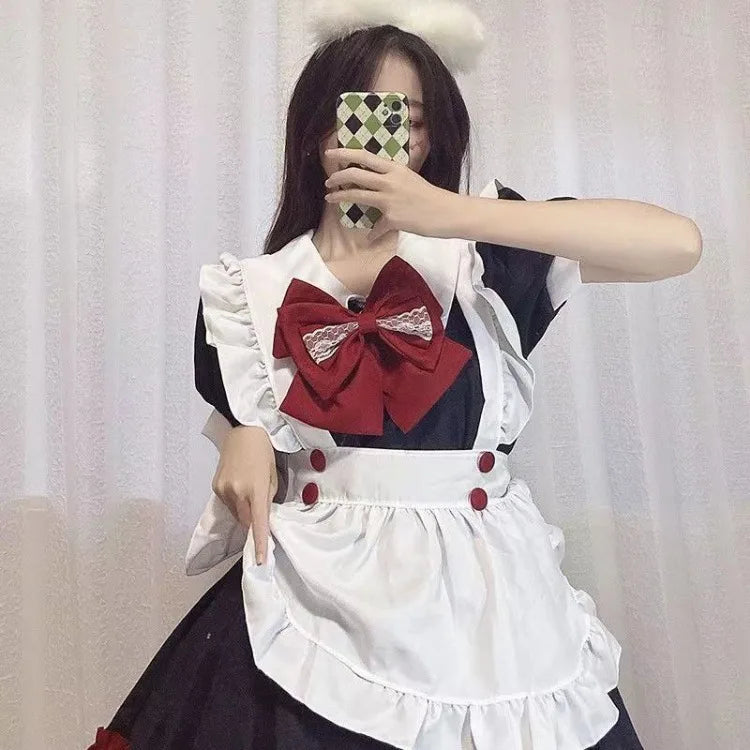 Black Red Lolita Cos Dress for Harajuku Sweet Vneck Bow Shorts Sleeve Dresses Y2k Egirl High Waist Vestidos Mujer