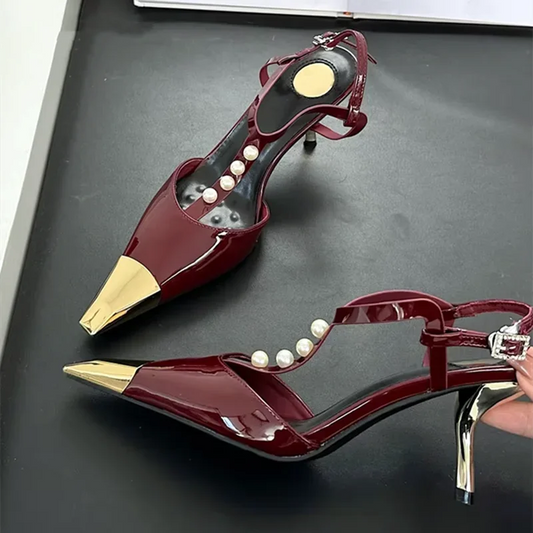 Metal Pointed Toe Stiletto Sandal Pearls Strap Buckle Designer High Heels Party Prom Shoes Summer Pumps