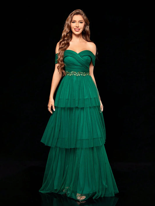 Line Collar Irregular Three-dimensional Embroidered Multi-layer Gauze Long Dress Evening Ball Dress Party Dress