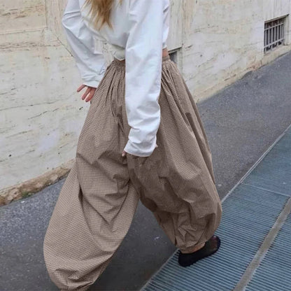 Autumn Print Trousers Elastic Waist Foot Binding Dropped Pants Wide Leg Pleated Lady Patchwork New