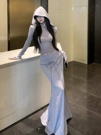 Y2k Autumn 3-piece Skirt Set Long Sleeve Hooded Crop Cardigan Vest Long Skirt Harajuku Club Party New