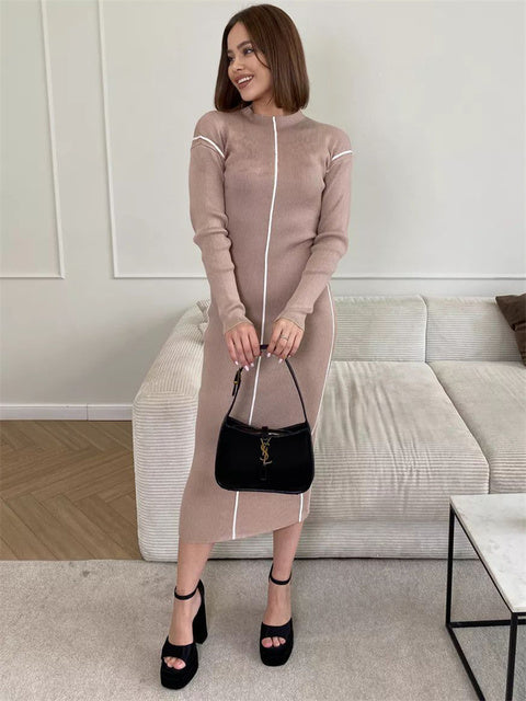 Patchwork Knit Maxi Dress for Contrast Ribbed High Waist Slim Party Dress Female Knitwear Long Dress